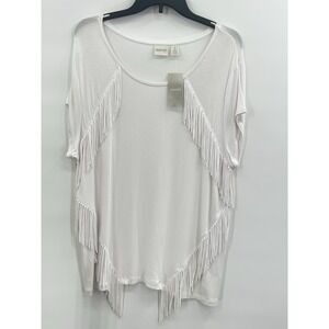 Chicos Zenergy Melanie Angled Fringe Top White Western Short Sleeve Size 3 XL